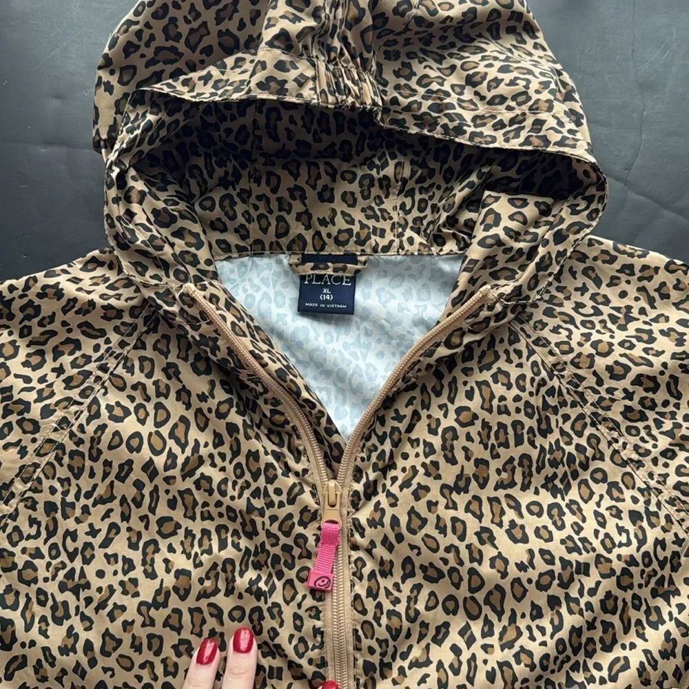 Children’s Place Rain Jacket Windbreaker Girl XL Animal Print Hooded Quarter Zip